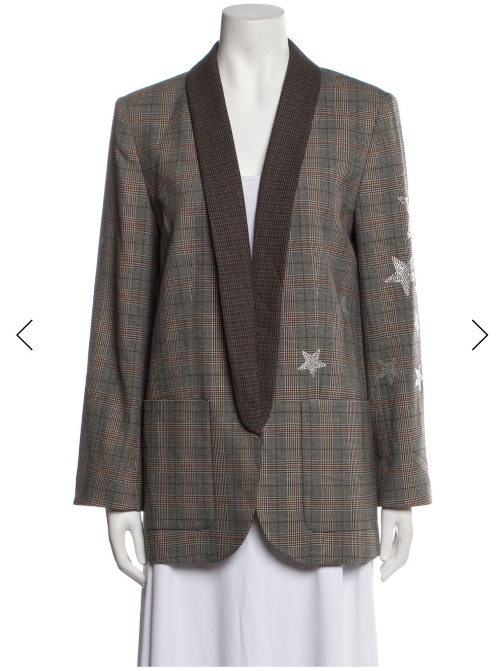 Zadig & Voltaire Brown Checked Blazer with Dark Shawl Collar and Star Embroidery